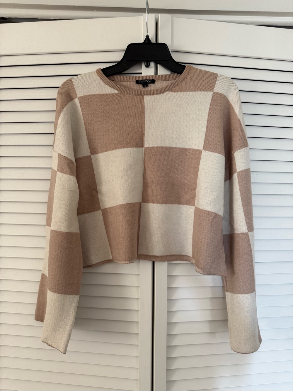 Papermoon Beige and Cream Checkerboard Cropped Sweater